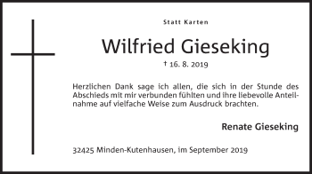Anzeige von Wilfried Gieseking von Mindener Tageblatt