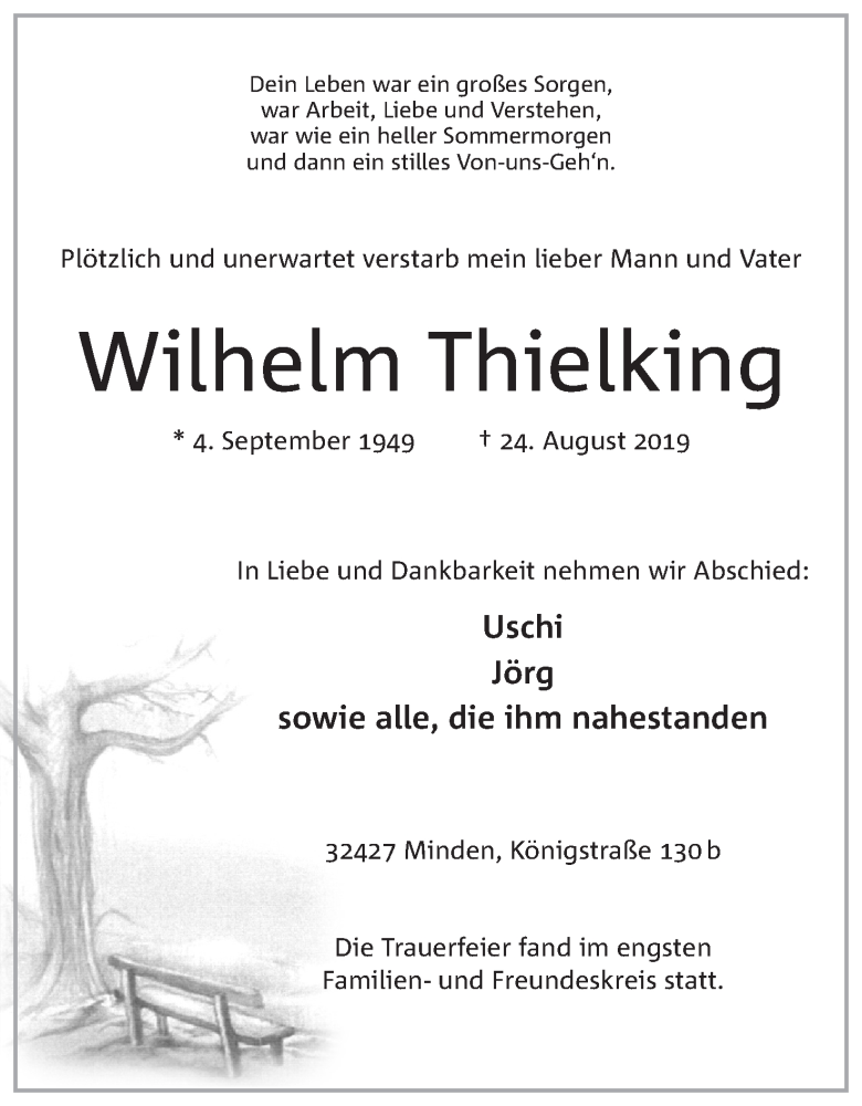  Traueranzeige für Wilhelm Thielking vom 21.09.2019 aus Mindener Tageblatt