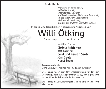 Anzeige von Will Ötking von Mindener Tageblatt