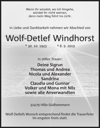 Anzeige von Wolf-Detlef Windhorst von Mindener Tageblatt