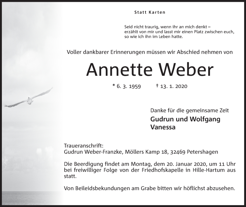  Traueranzeige für Annette Weber vom 16.01.2020 aus Mindener Tageblatt