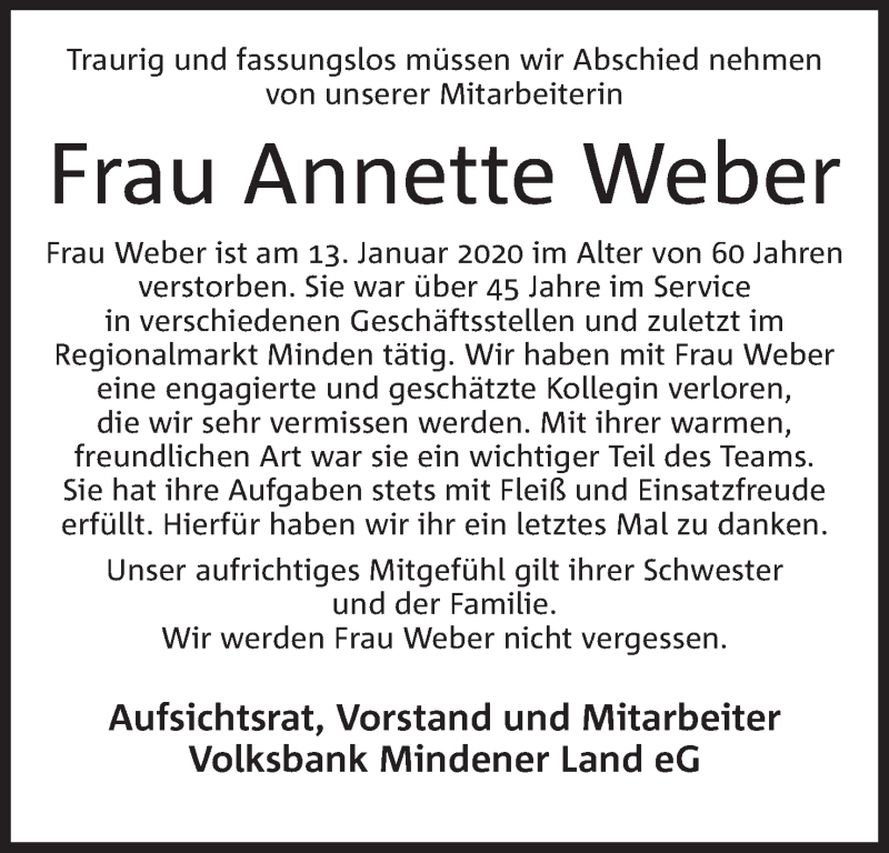  Traueranzeige für Annette Weber vom 16.01.2020 aus Mindener Tageblatt