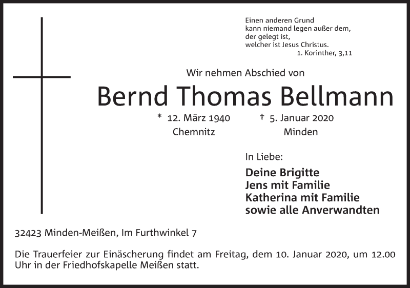  Traueranzeige für Bernd Thomas Bellmann vom 08.01.2020 aus Mindener Tageblatt