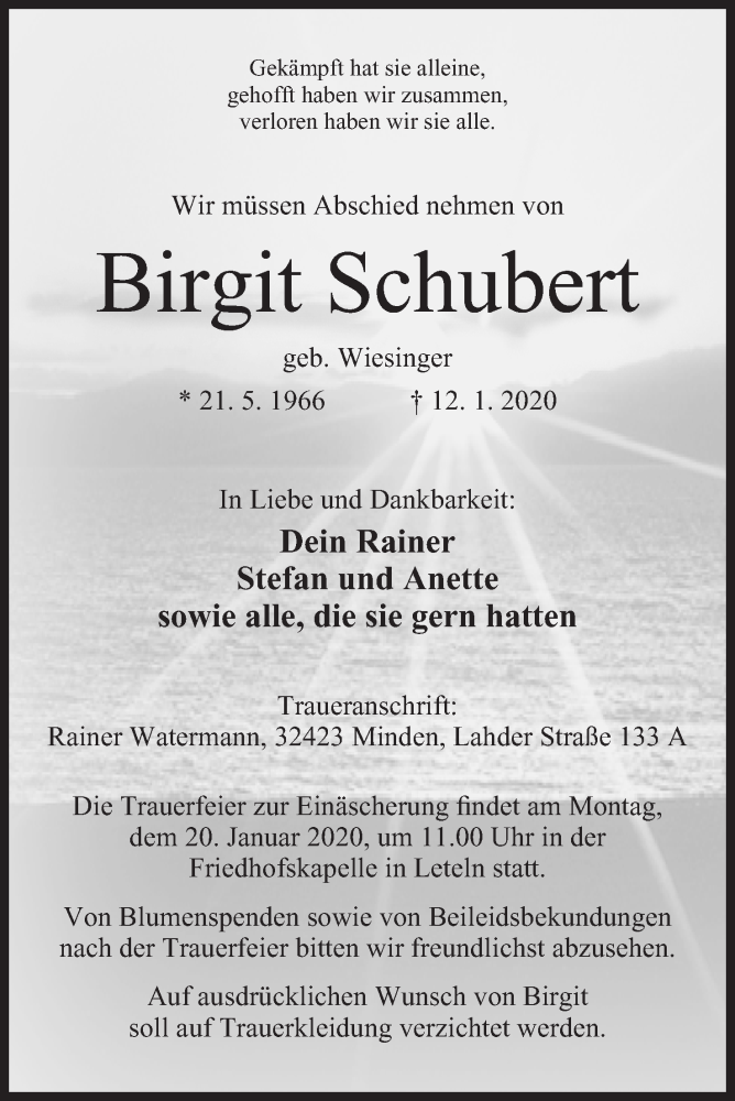 Traueranzeige für Birgit Schubert vom 15.01.2020 aus Mindener Tageblatt