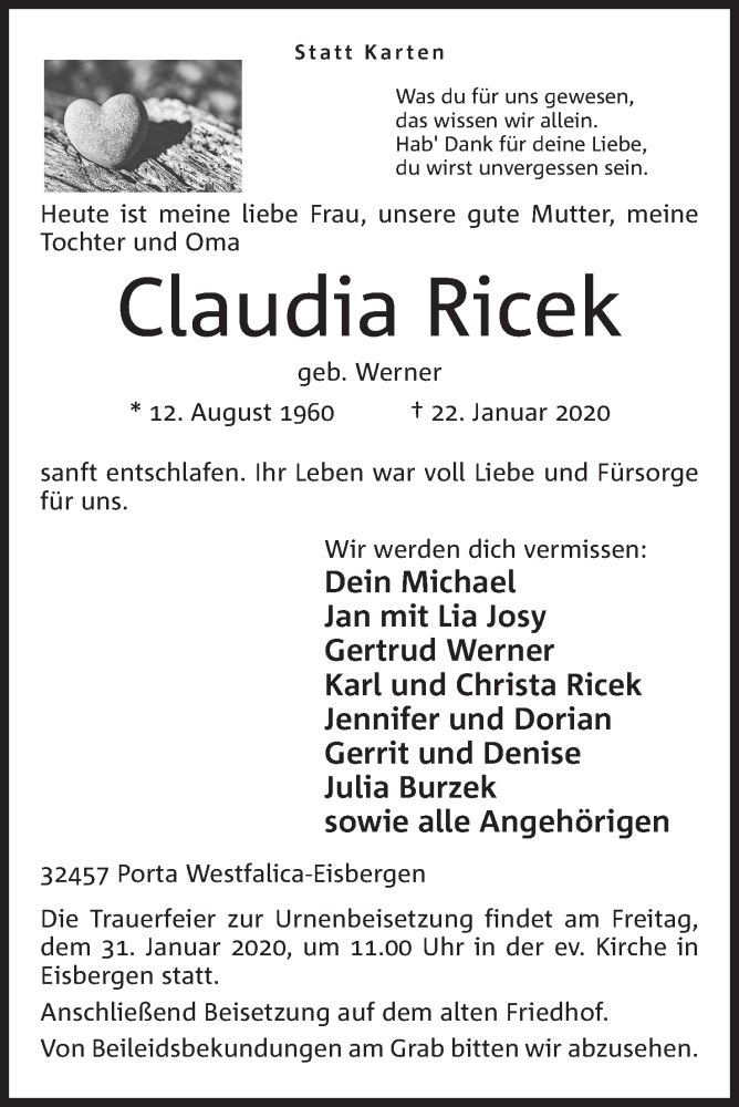  Traueranzeige für Claudia Ricek vom 25.01.2020 aus Mindener Tageblatt