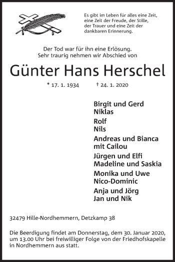 Anzeige von Günter Hans Herschel von Mindener Tageblatt