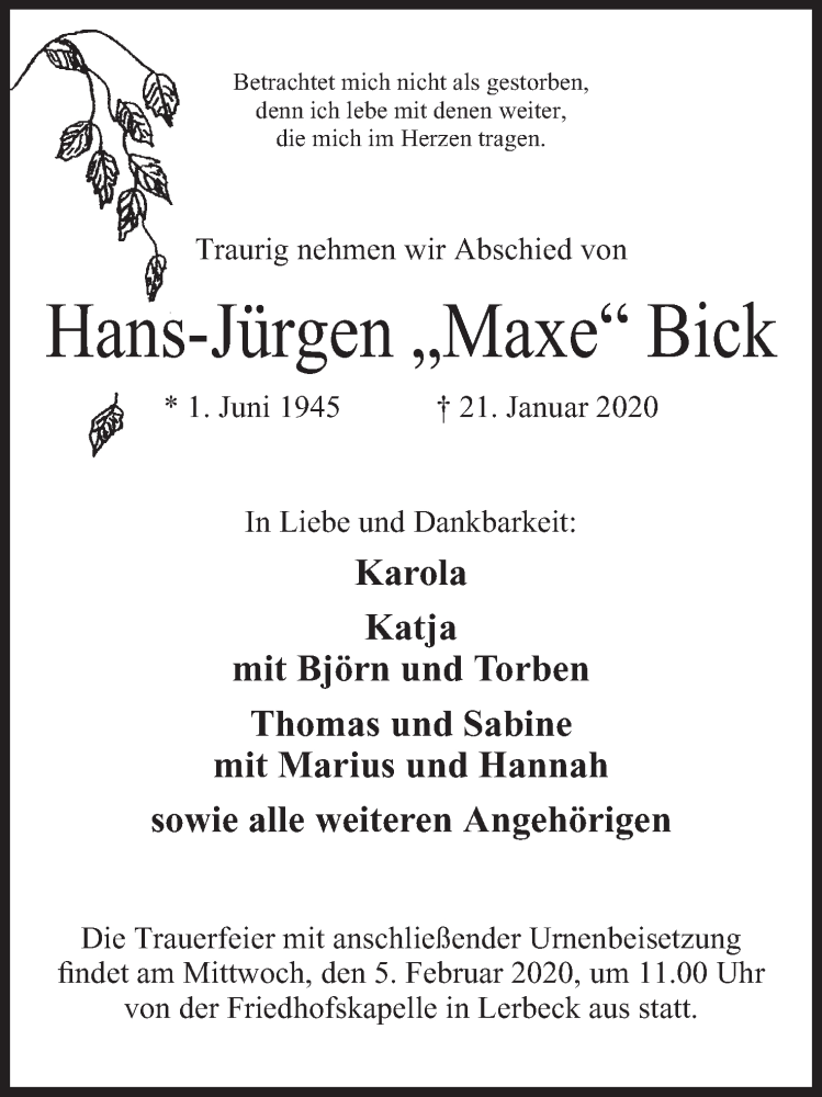  Traueranzeige für Hans-Jürgen Bick vom 25.01.2020 aus Mindener Tageblatt