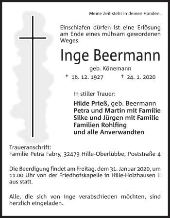 Anzeige von Inge Beermann von Mindener Tageblatt