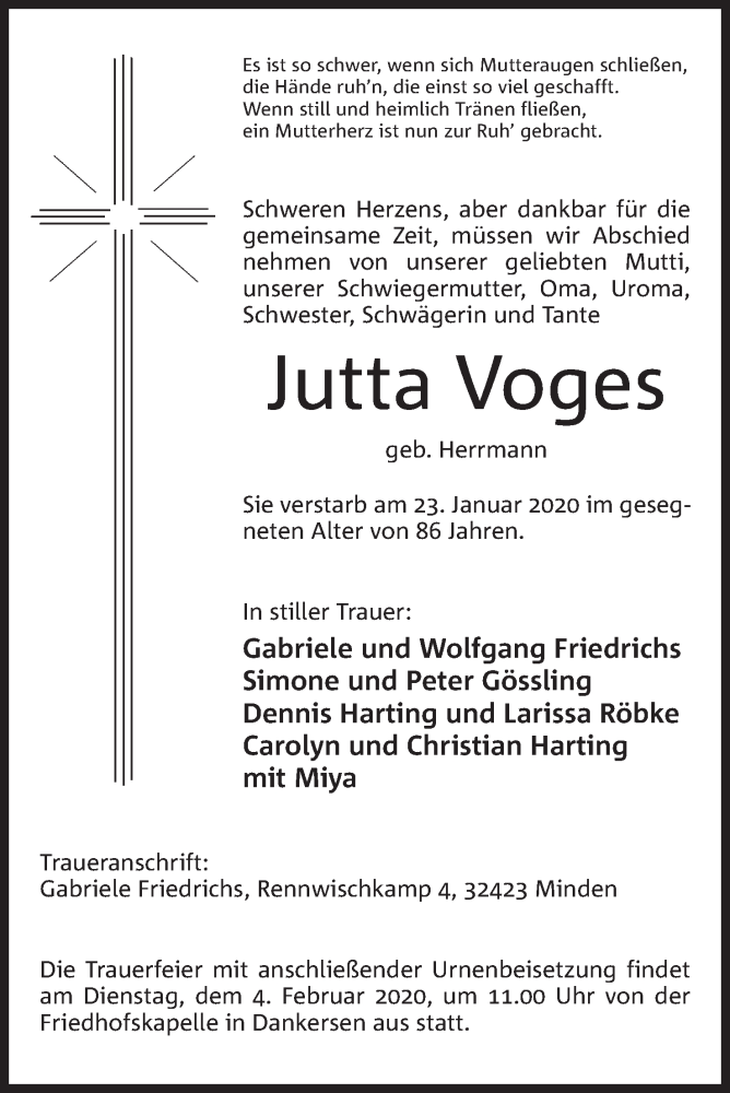 Traueranzeige für Jutta Voges vom 25.01.2020 aus Mindener Tageblatt