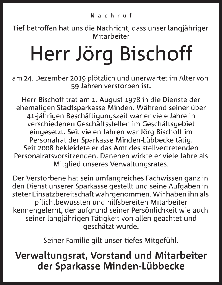  Traueranzeige für Jörg Bischoff vom 03.01.2020 aus Mindener Tageblatt