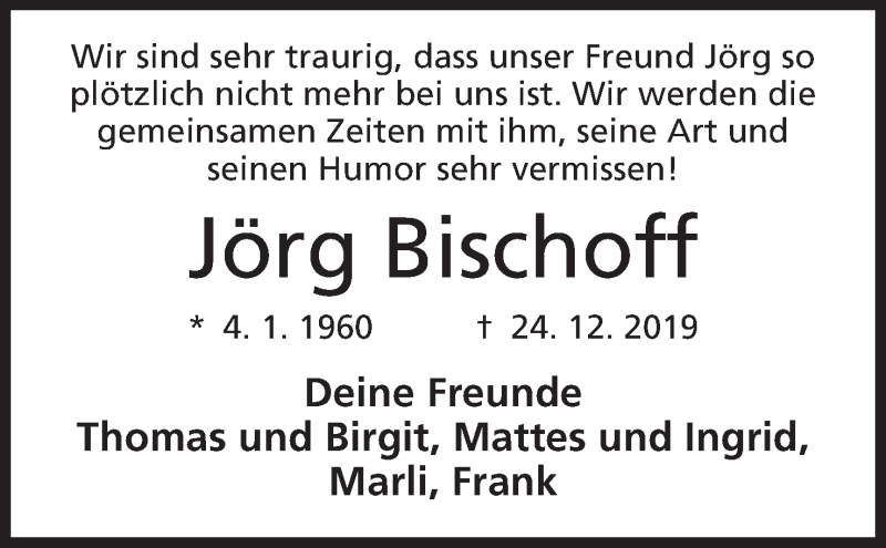  Traueranzeige für Jörg Bischoff vom 03.01.2020 aus Mindener Tageblatt