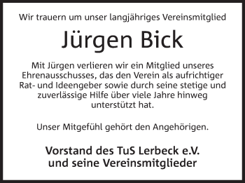 Anzeige von Jürgen Bick von Mindener Tageblatt