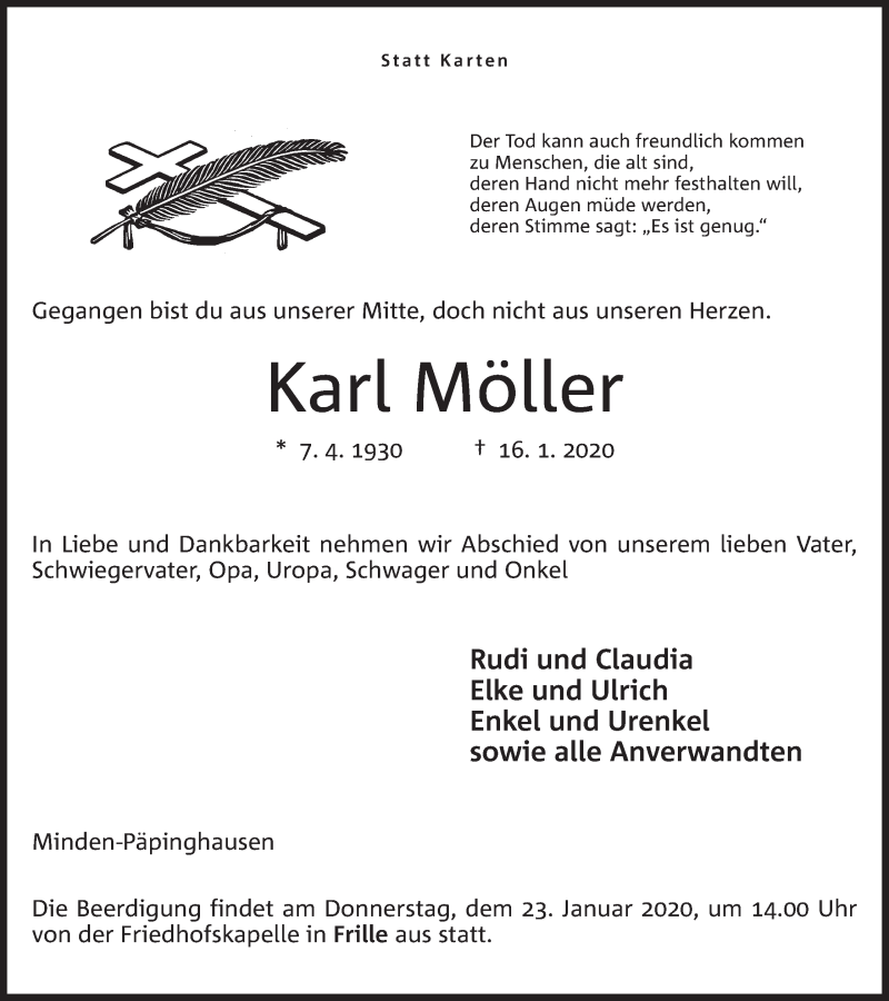  Traueranzeige für Karl Möller vom 18.01.2020 aus Mindener Tageblatt
