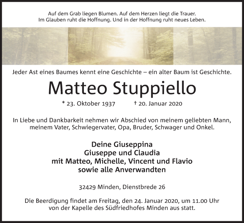  Traueranzeige für Matteo Stuppiello vom 22.01.2020 aus Mindener Tageblatt