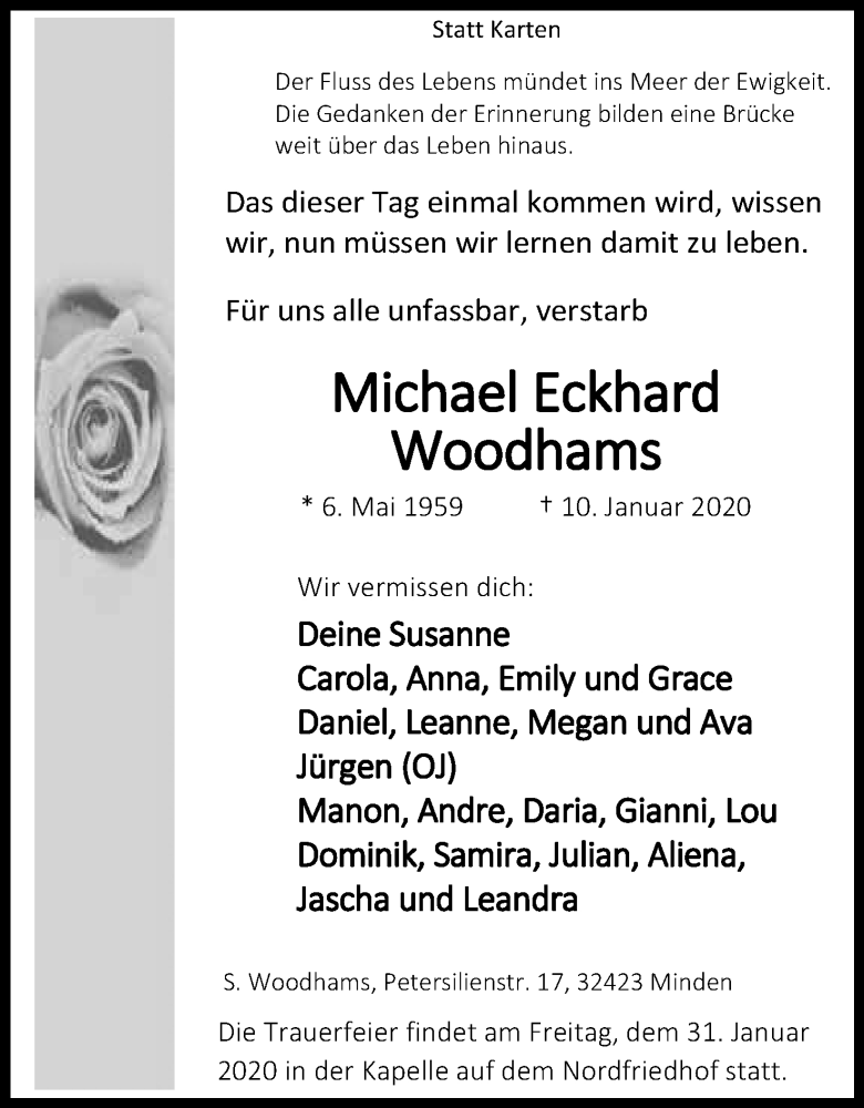  Traueranzeige für Michael Eckhard Woodhams vom 25.01.2020 aus Mindener Tageblatt