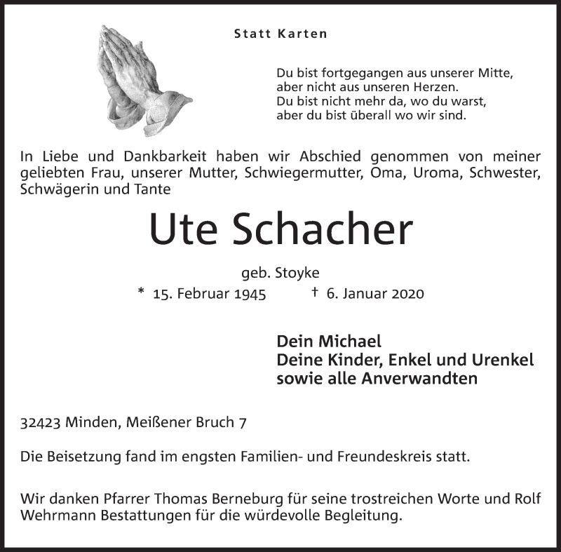  Traueranzeige für Ute Schacher vom 25.01.2020 aus Mindener Tageblatt