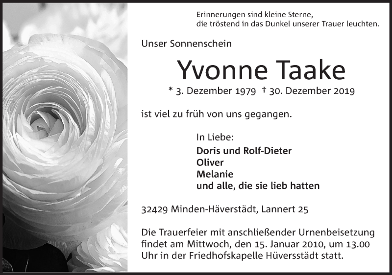  Traueranzeige für Yvonne Taake vom 04.01.2020 aus Mindener Tageblatt