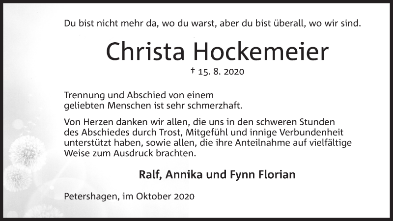  Traueranzeige für Christa Hockemeier vom 03.10.2020 aus Mindener Tageblatt