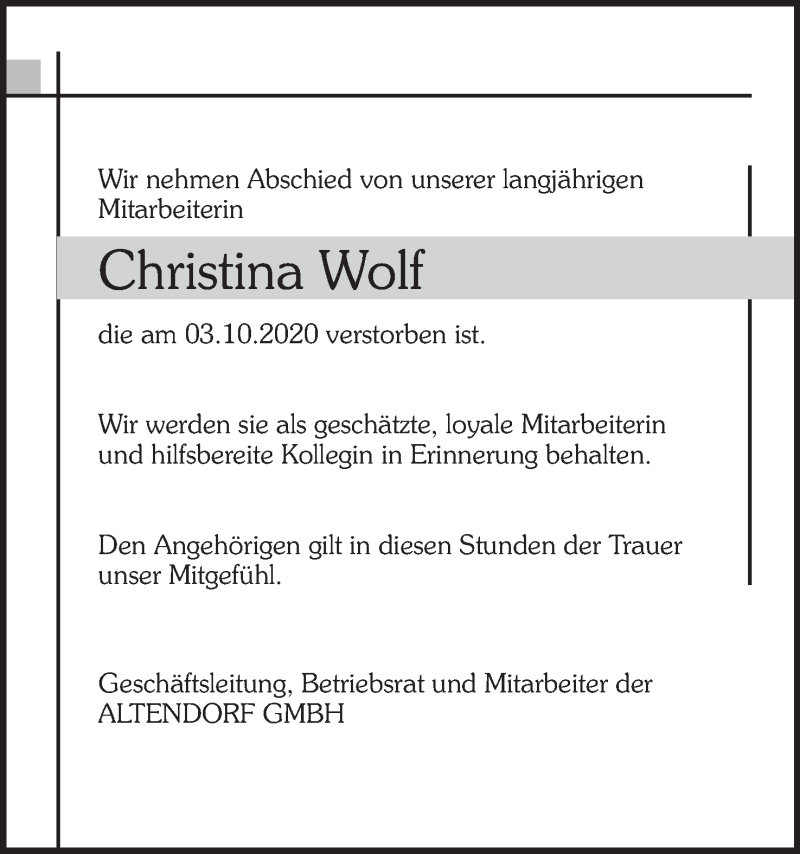  Traueranzeige für Christina Wolf vom 17.10.2020 aus Mindener Tageblatt