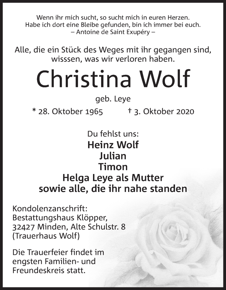  Traueranzeige für Christina Wolf vom 17.10.2020 aus Mindener Tageblatt