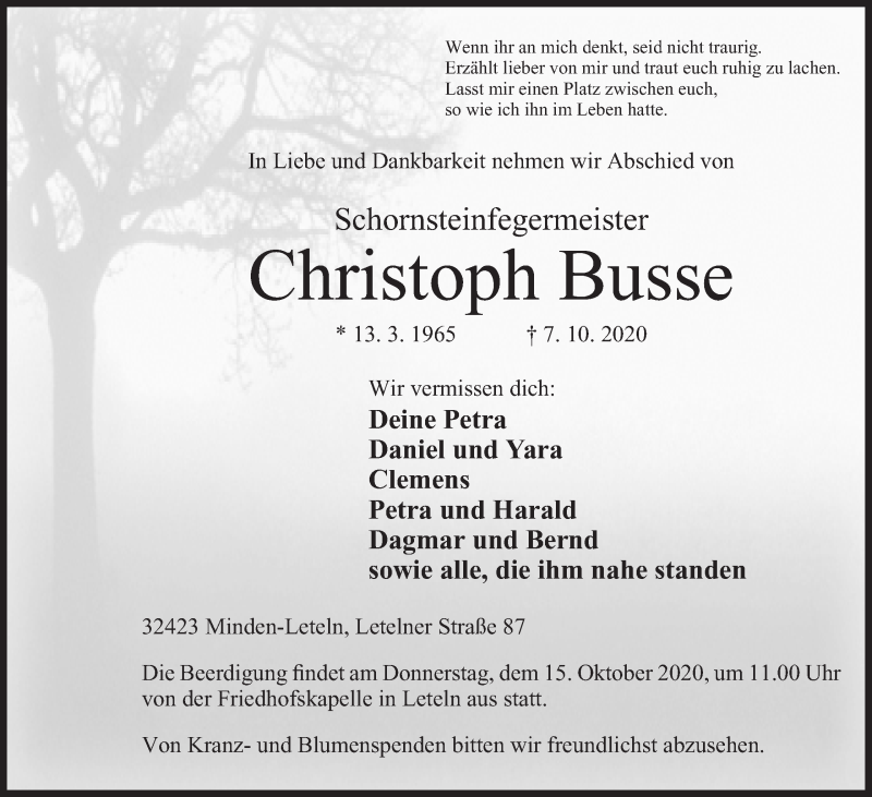  Traueranzeige für Christoph Busse vom 10.10.2020 aus Mindener Tageblatt