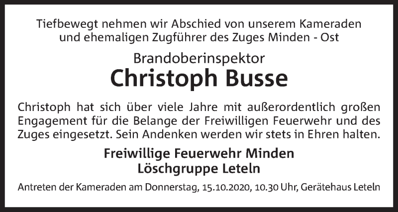  Traueranzeige für Christoph Busse vom 14.10.2020 aus Mindener Tageblatt