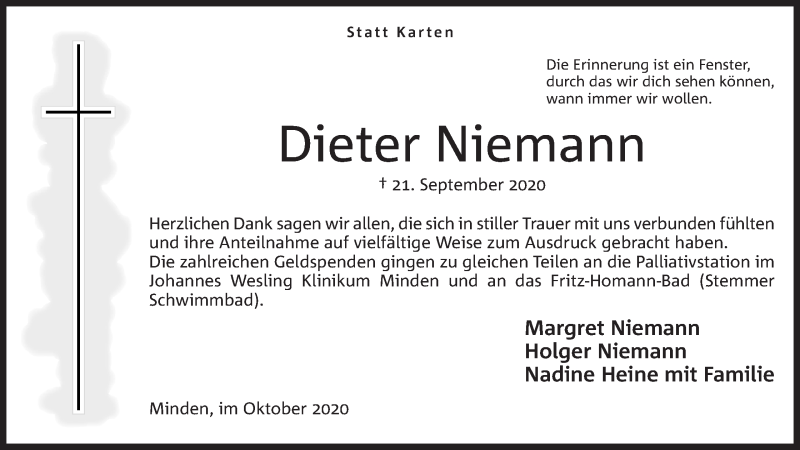  Traueranzeige für Dieter Niemann vom 31.10.2020 aus Mindener Tageblatt