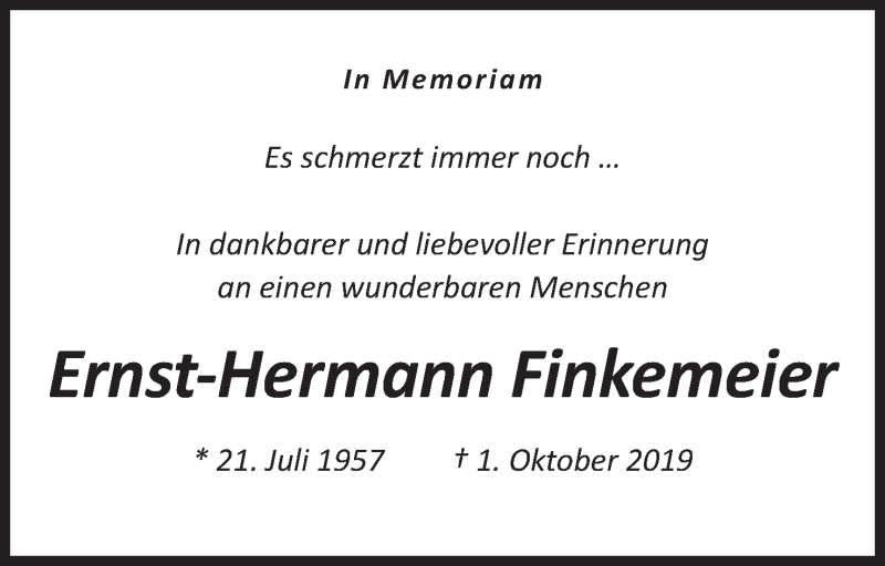  Traueranzeige für Ernst-Hermann Finkemeier vom 01.10.2020 aus Mindener Tageblatt