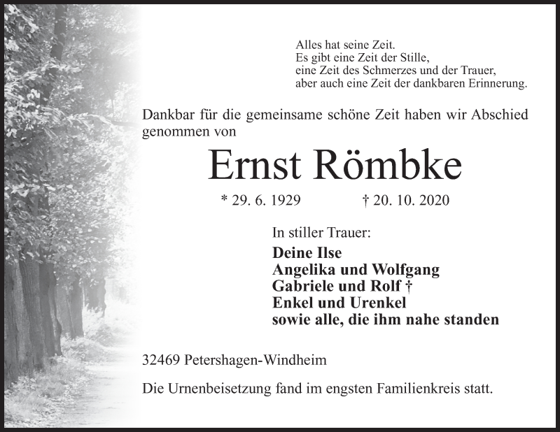  Traueranzeige für Ernst Römbke vom 31.10.2020 aus Mindener Tageblatt