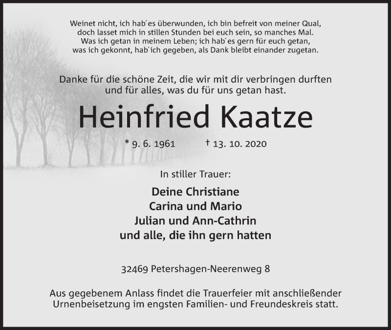  Traueranzeige für Heinfried Kaatze vom 17.10.2020 aus Mindener Tageblatt