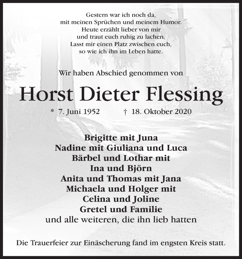  Traueranzeige für Horst Dieter Flessing vom 24.10.2020 aus Mindener Tageblatt