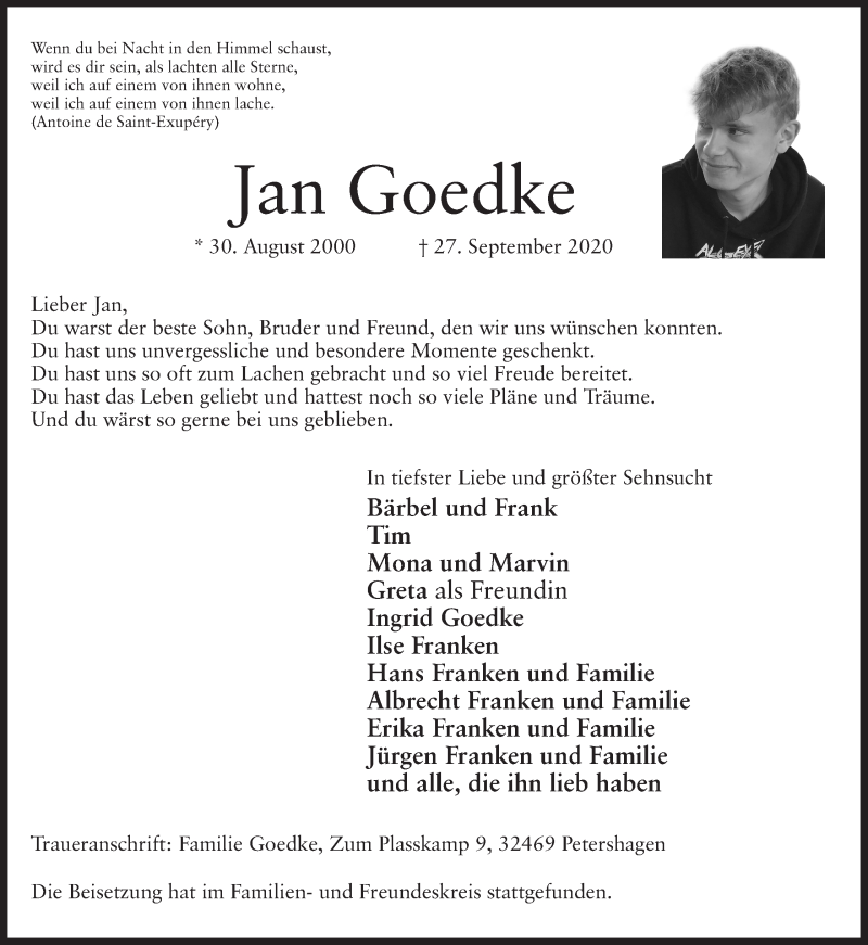  Traueranzeige für Jan Goedke vom 10.10.2020 aus Mindener Tageblatt