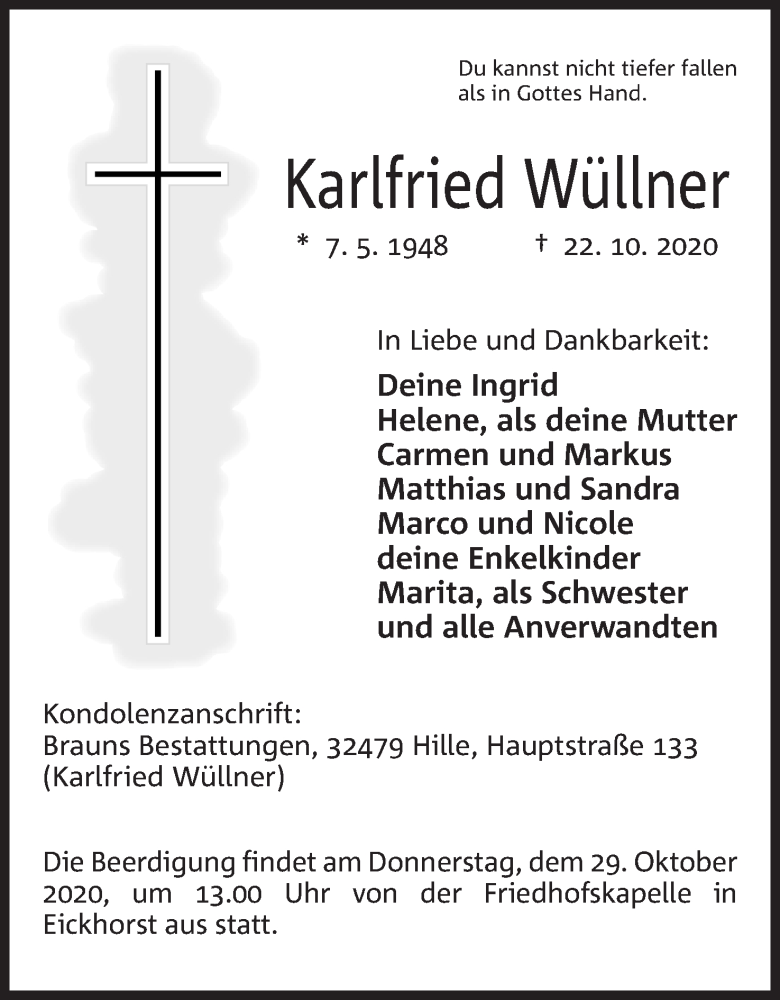  Traueranzeige für Karlfried Wüllner vom 24.10.2020 aus Mindener Tageblatt