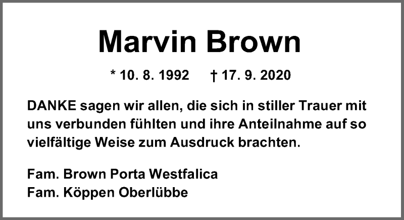  Traueranzeige für Marvin Brown vom 31.10.2020 aus Mindener Tageblatt