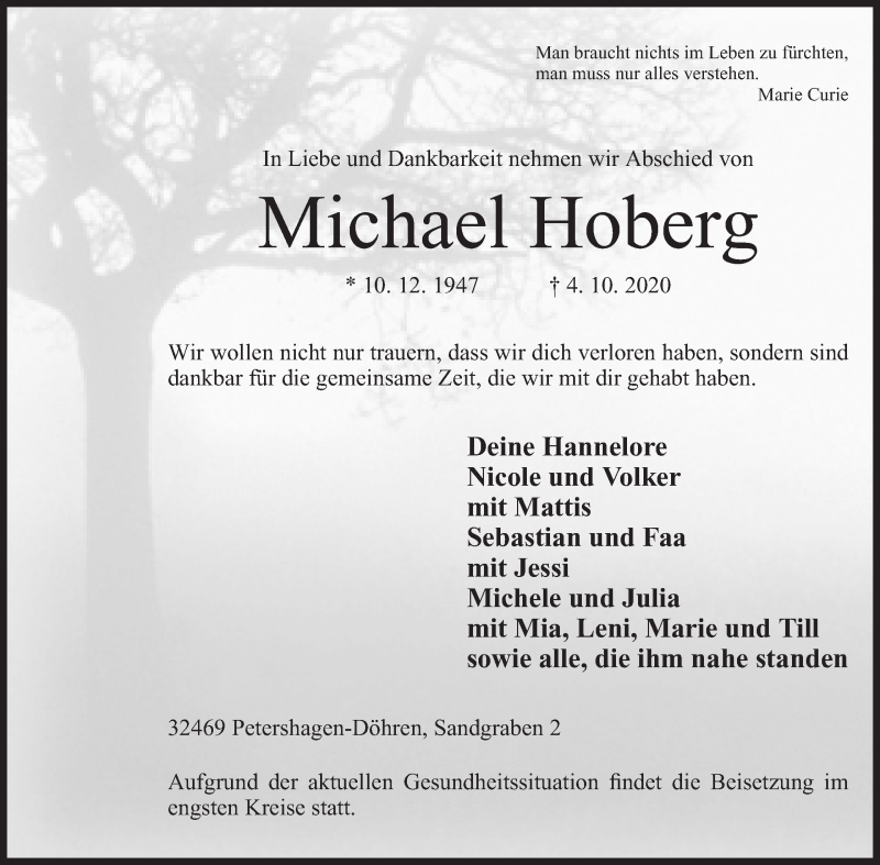  Traueranzeige für Michael Hoberg vom 07.10.2020 aus Mindener Tageblatt