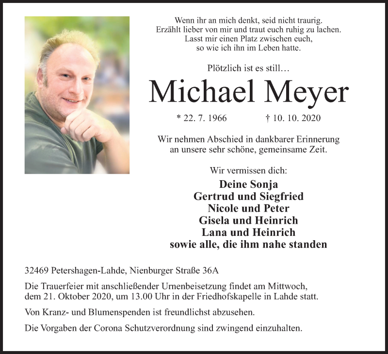  Traueranzeige für Michael Meyer vom 17.10.2020 aus Mindener Tageblatt