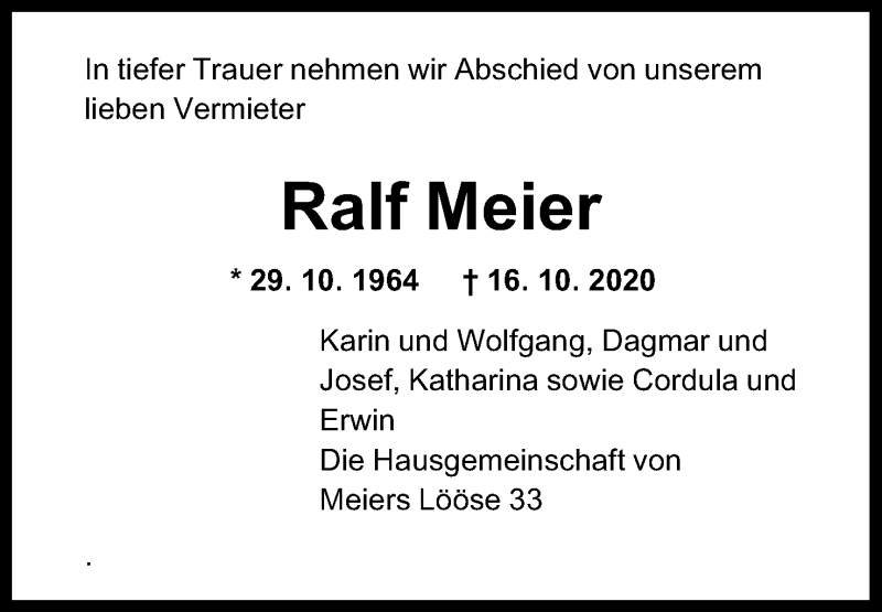  Traueranzeige für Ralf Meier vom 21.10.2020 aus Mindener Tageblatt