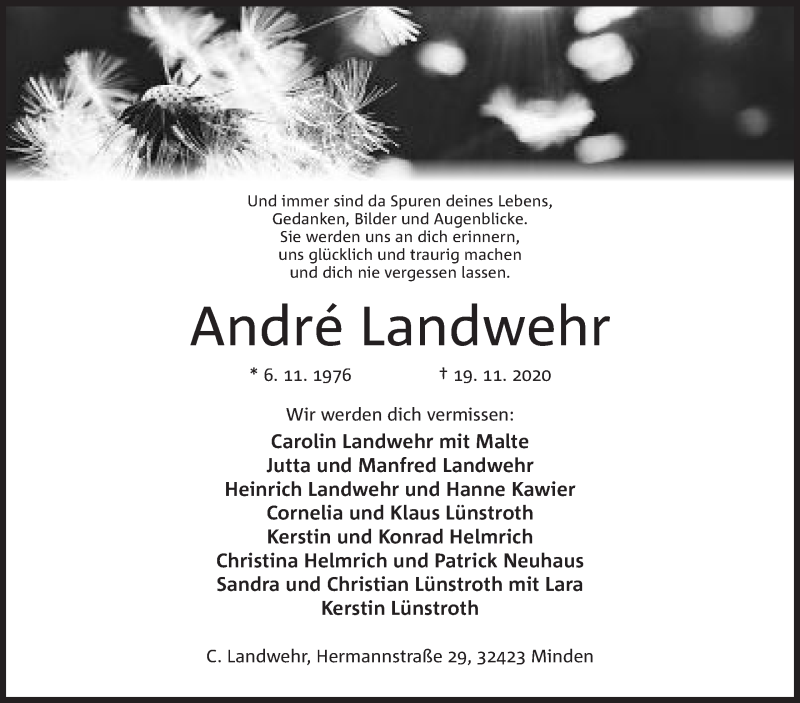  Traueranzeige für Andre Landwehr vom 27.11.2020 aus Mindener Tageblatt