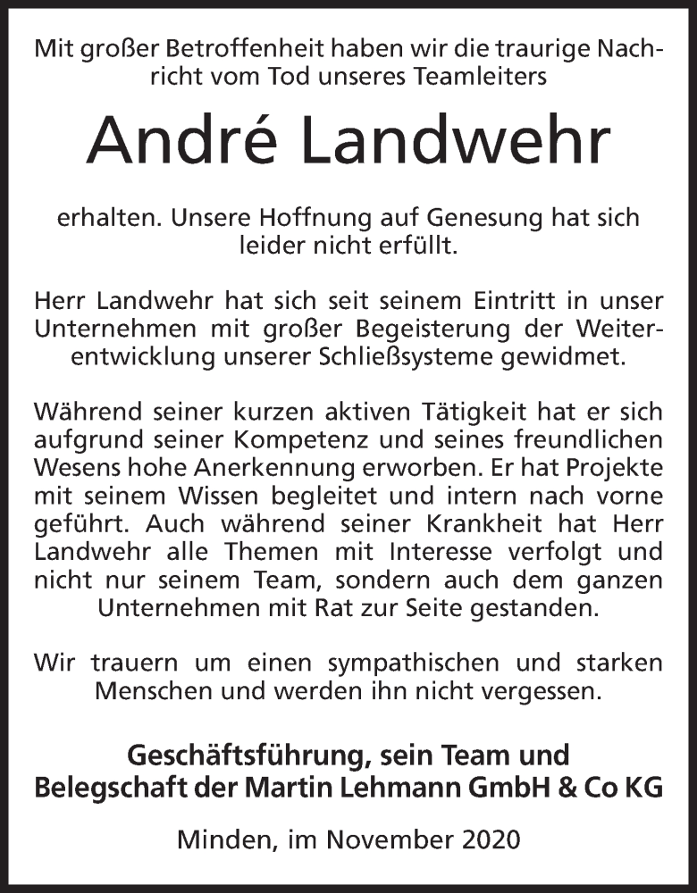  Traueranzeige für Andre Landwehr vom 28.11.2020 aus Mindener Tageblatt