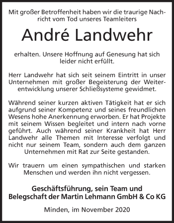 Anzeige von Andre Landwehr von Mindener Tageblatt