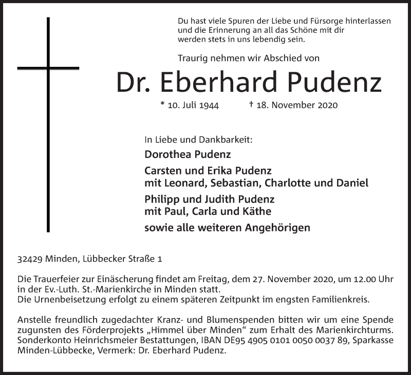  Traueranzeige für Eberhard Pudenz vom 21.11.2020 aus Mindener Tageblatt
