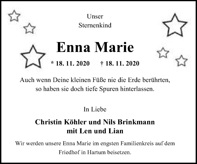  Traueranzeige für Enna Marie vom 21.11.2020 aus Mindener Tageblatt