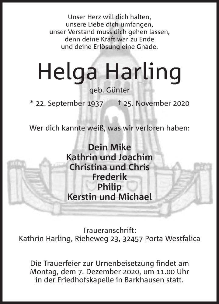  Traueranzeige für Helga Harling vom 28.11.2020 aus Mindener Tageblatt