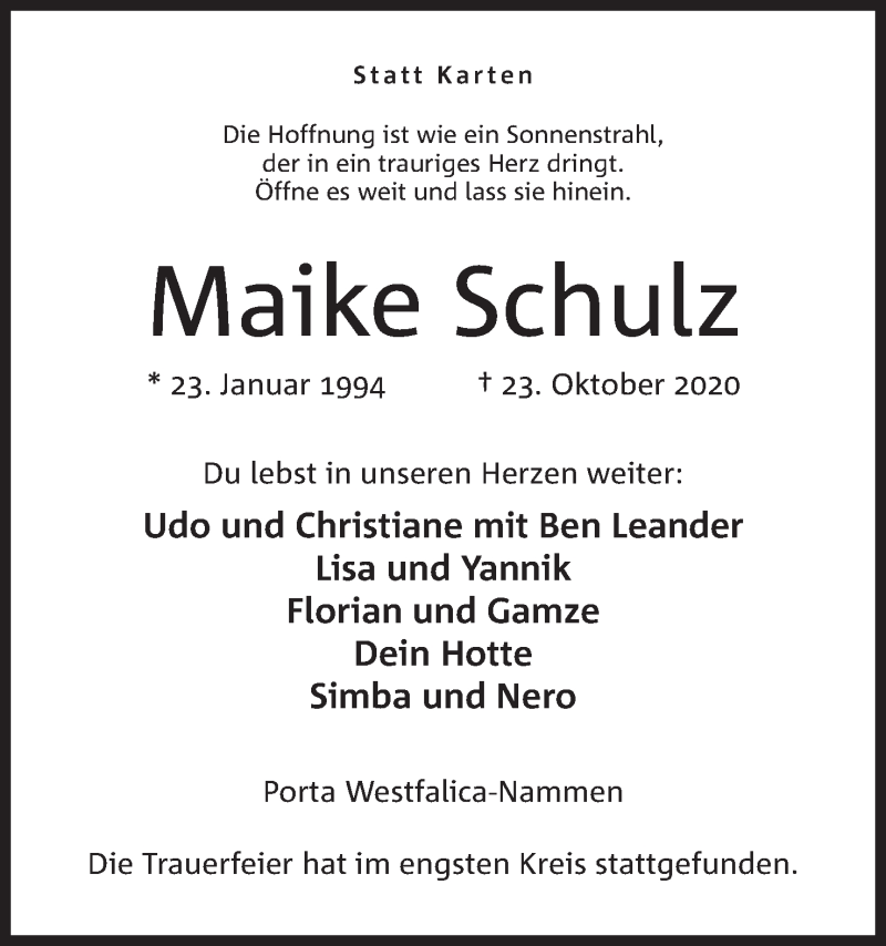  Traueranzeige für Maike Schulz vom 07.11.2020 aus Mindener Tageblatt