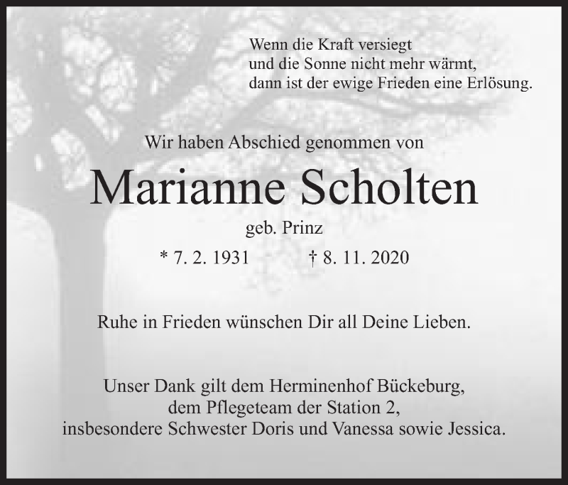  Traueranzeige für Marianne Scholten vom 21.11.2020 aus Mindener Tageblatt