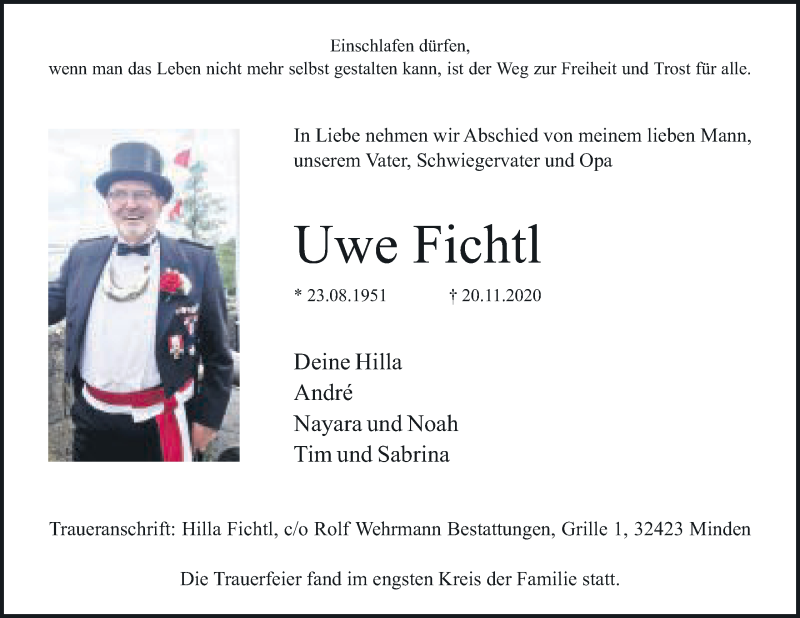  Traueranzeige für Uwe Fichtl vom 28.11.2020 aus Mindener Tageblatt