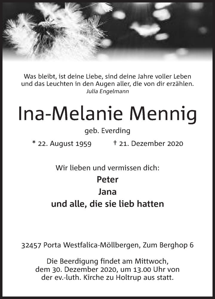  Traueranzeige für Ina-Melanie Mennig vom 24.12.2020 aus Mindener Tageblatt