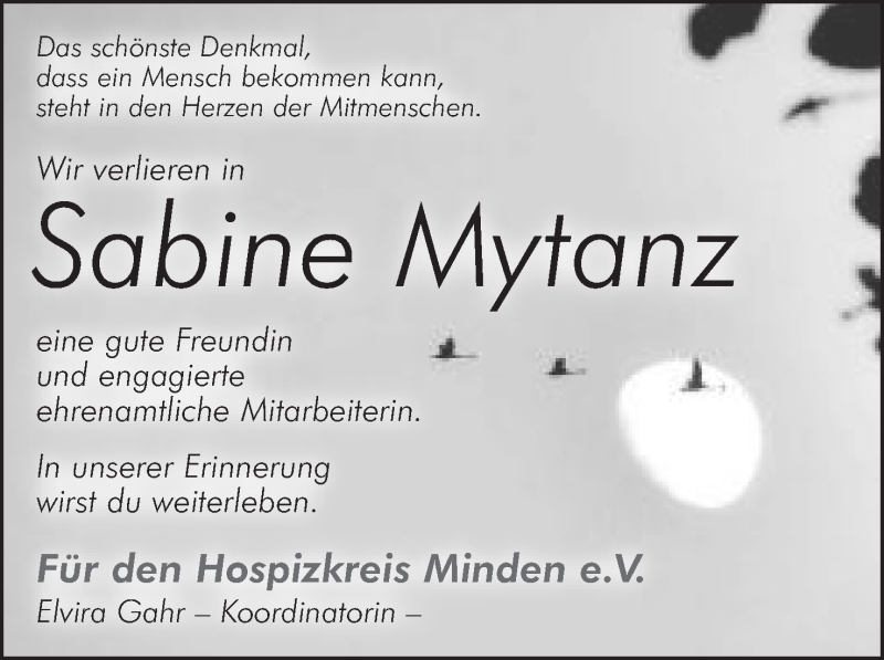  Traueranzeige für Sabine Mytanz vom 05.12.2020 aus Mindener Tageblatt