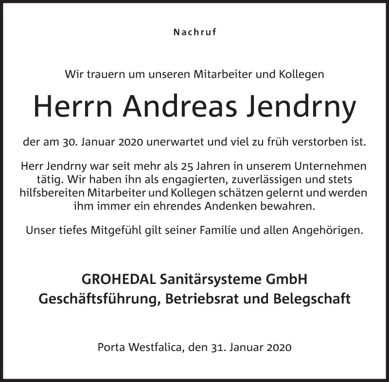  Traueranzeige für Andreas Jendrny vom 06.02.2020 aus Mindener Tageblatt