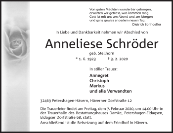 Anzeige von Anneliese Schröder von Mindener Tageblatt